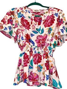 White/Pink/Teal Floral Print Smocked Waist Fit&Flare Peplum Flutter Vneck Blouse